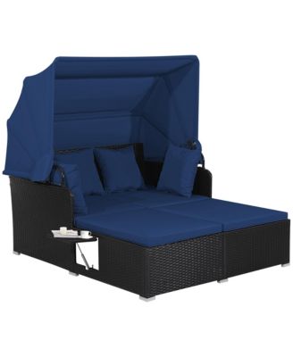 Patio Rattan Daybed Lounge Retractable Top Canopy Side Tables Cushions