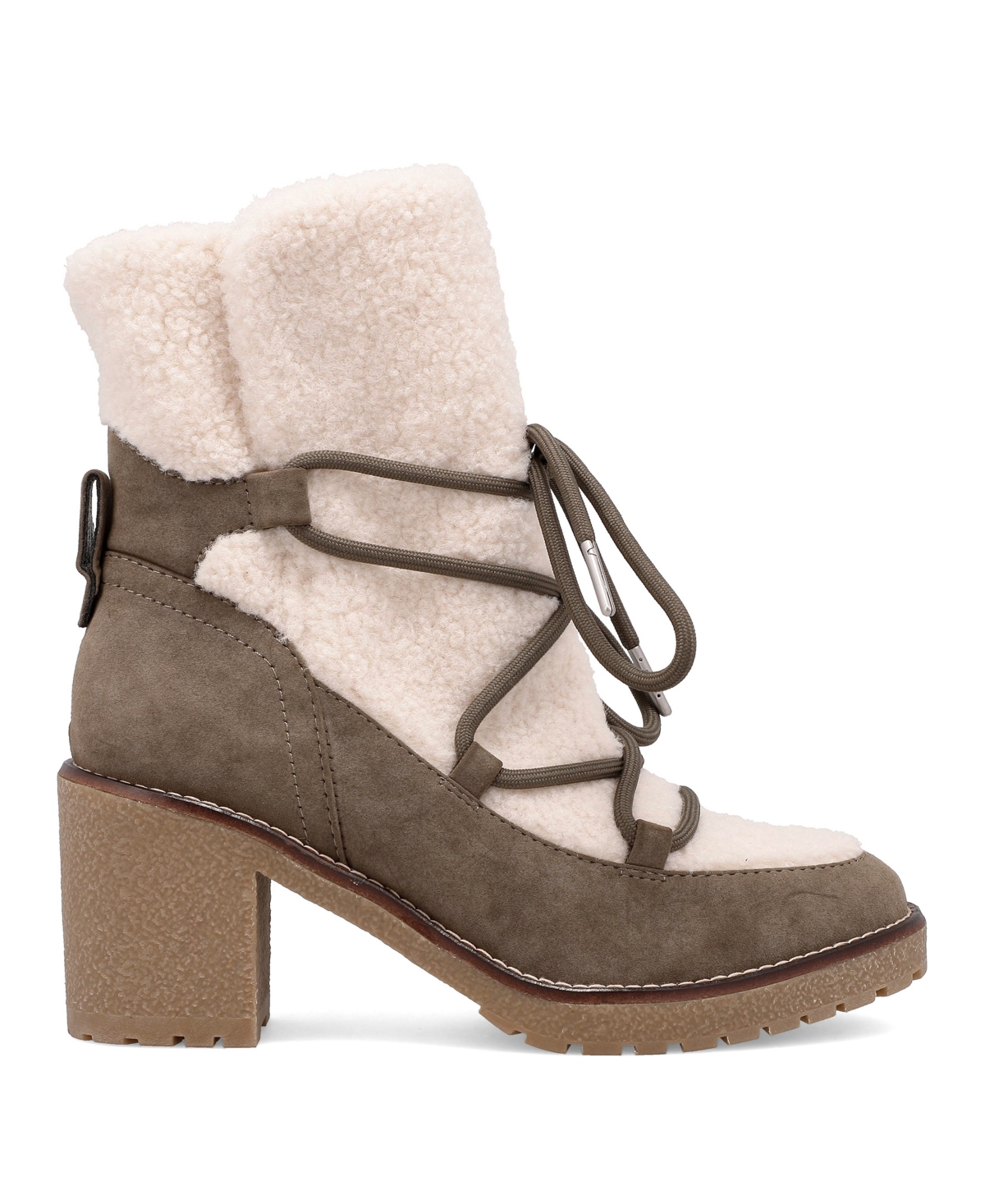 Mia Women's Holiday Cold Weather Sherpa Lace Up Block-heel Booties In Khaki,off-white
