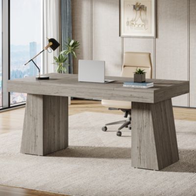 55" MDF Executive Desk with Dual Trapezoid Base Mid-Century Modern Home Office Workstation Desk