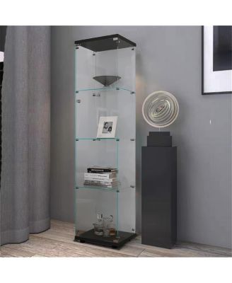 4 Shelves Glass Cabinet Glass Display Cabinet With One Door, Black