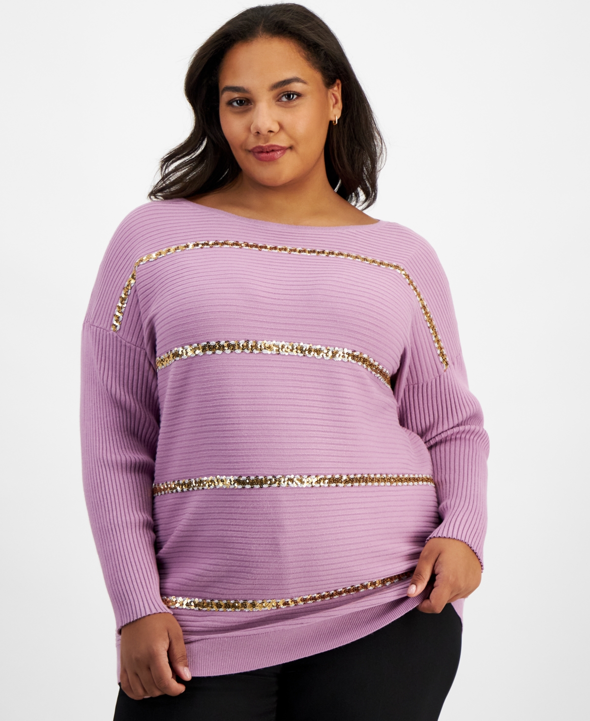 JM COLLECTION PLUS SIZE SEQUIN-STRIPE BOAT-NECK SWEATER, CREATED FOR MACY'S 
