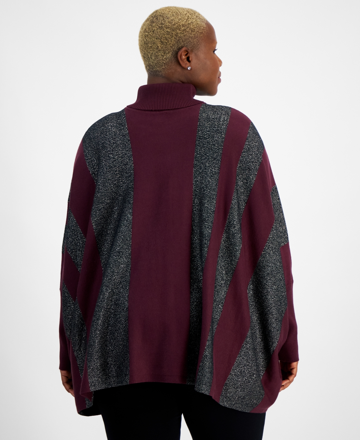 Jm Collection Plus Size Lurex-Striped Turtleneck Poncho Sweater, Created for Macy's