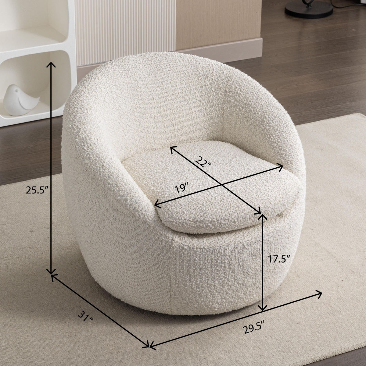 Streamdale Furniture Modern Teddy Boucle Fabric Barrel Chair, 360° Swivel, White