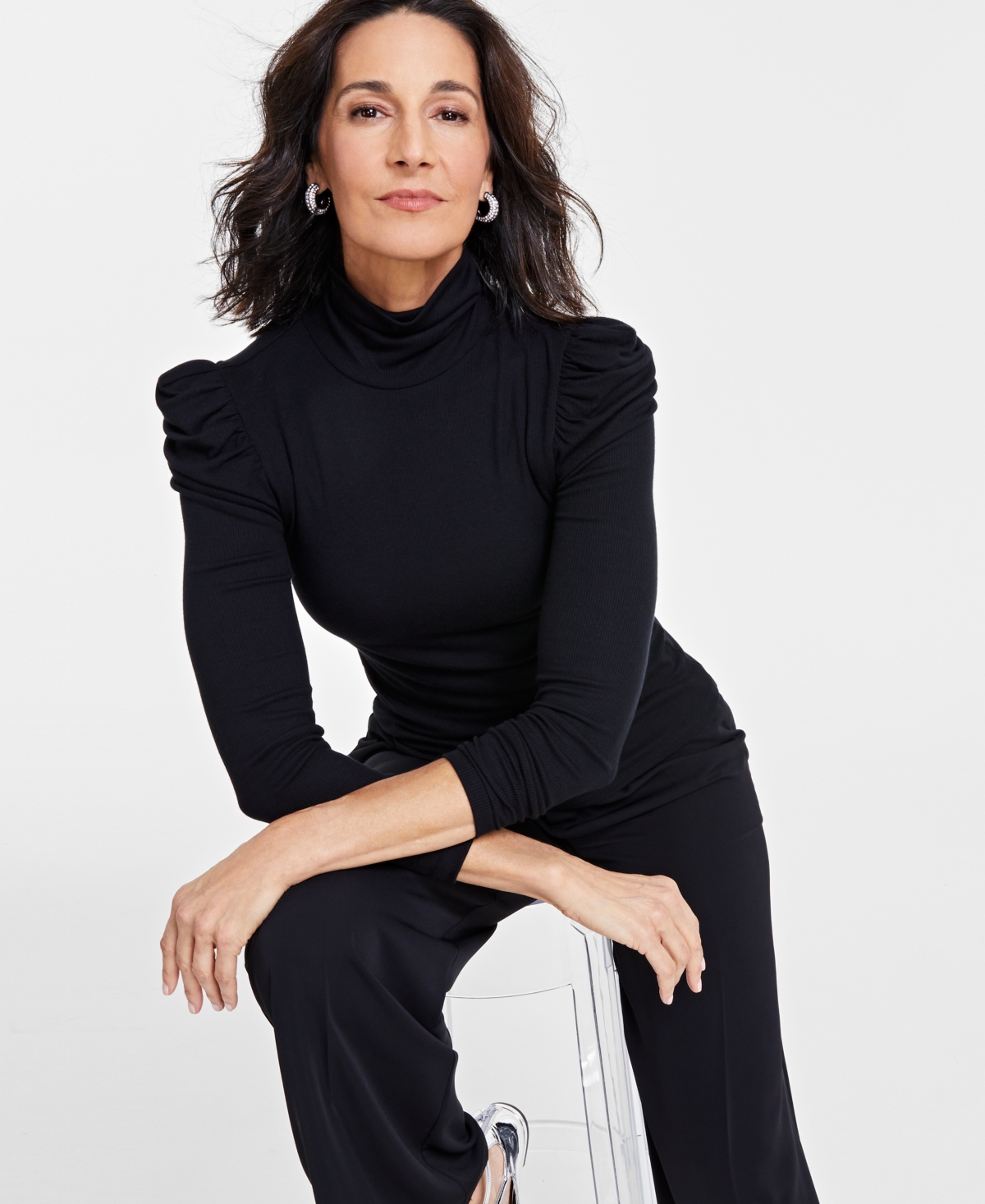 Inc International Concepts Women's Mock-neck Puff-sleeve Top, Created For Macy's In Deep Black