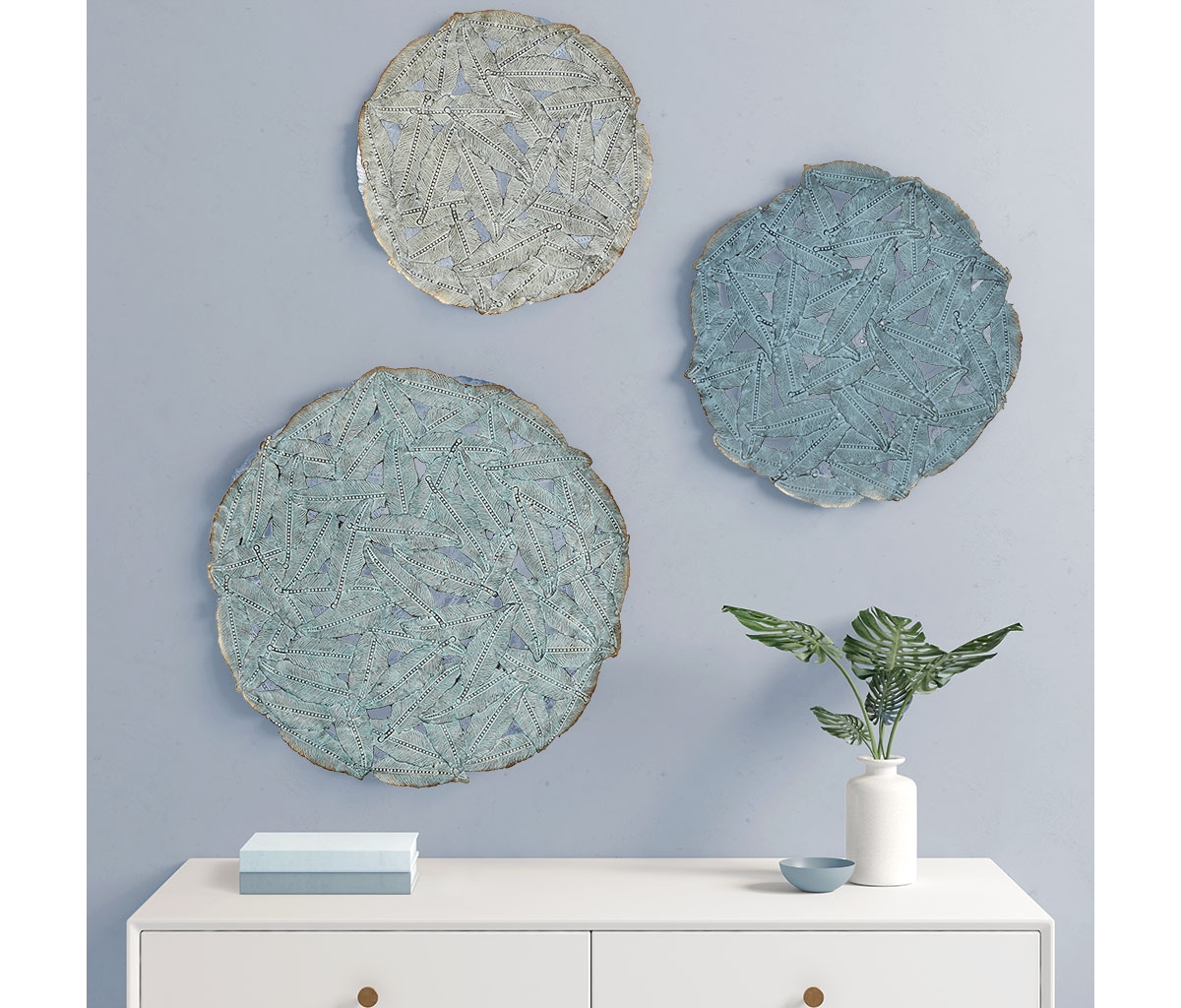 Streamdale Furniture Rossi Textured Feather 3-Piece Metal Disc Wall Decor Set