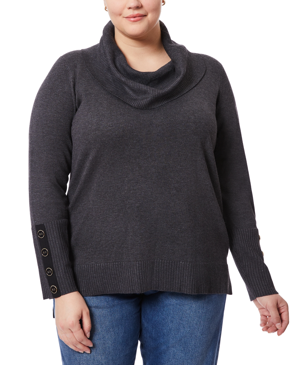 Plus Size Contrast-Cuff Cowlneck Sweater - Charcoal Grey
