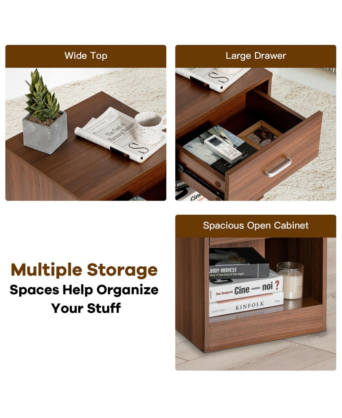 2-Tier Modern Wooden Nightstand with Storage Drawer and Open Cabinet