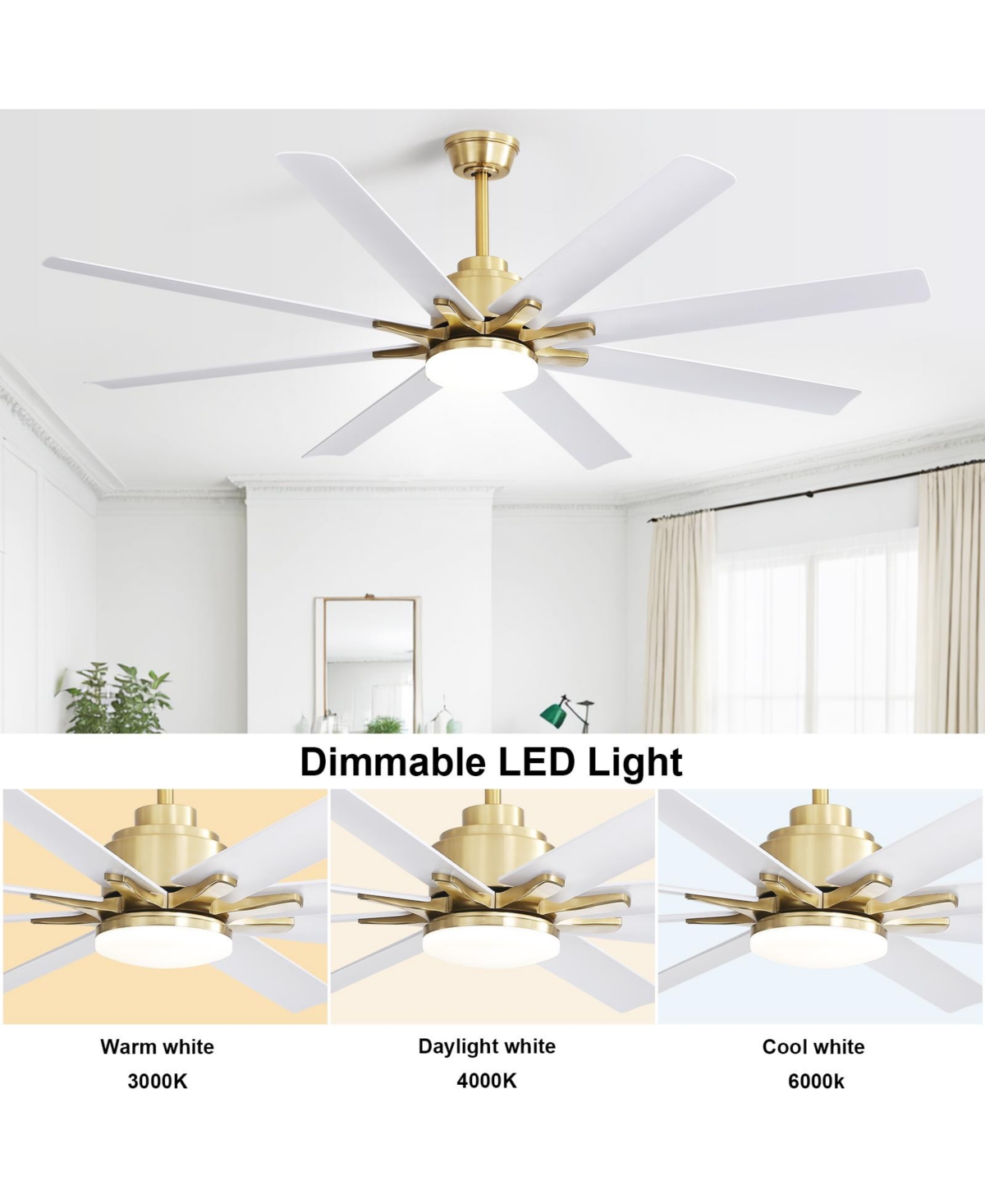 Sofucor 66 Modern Ceiling Fan With Light and Remote Control - Gold with white blades