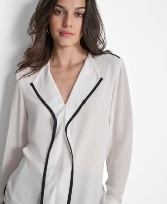 Women's Long Sleeve Trimmed Lapel Blouse, Regular & Petite