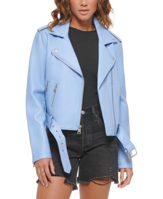 Women's Faux-Leather Belted Hem Moto Jacket