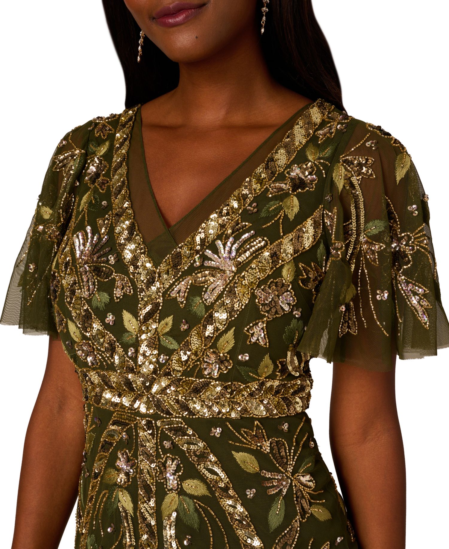 Women's V-Neck Embellished Flutter-Sleeve Dress