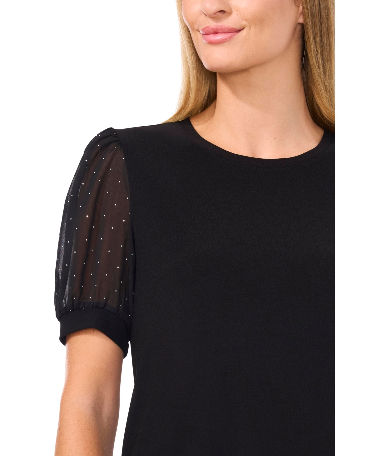 CeCe Women's Bejeweled Mixed Media Puff Sleeve Top