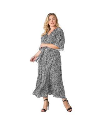Plus Size V-Neck Print Kimono Wrap Maxi Dress