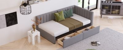 Twin Size Daybed with Storage Drawers, Gray Linen