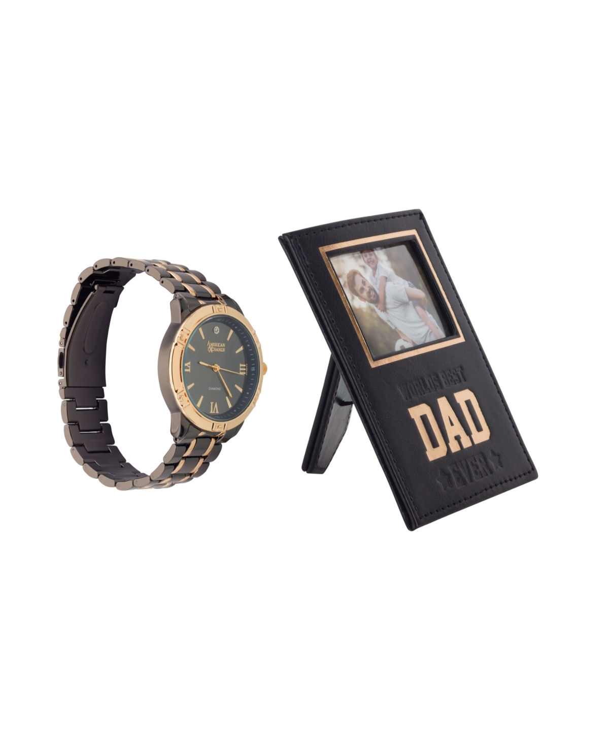 AMERICAN EXCHANGE MEN'S TWO-TONE METAL ALLOY BRACELET ANALOG WATCH 42MM GIFT SET 