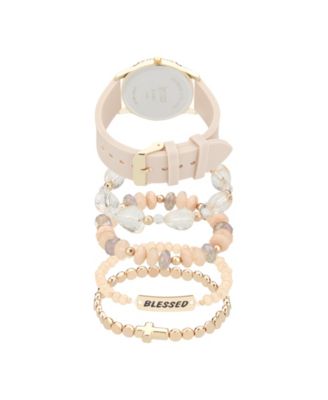 Women's Matte Beige Silicone Strap Analog Watch 38mm with Stackable Bracelets Gift Set