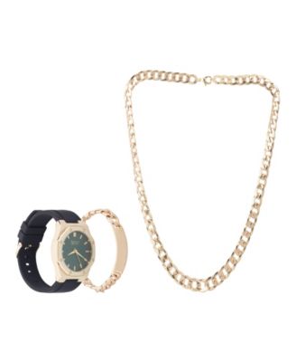 Men's Black Silicone Strap Analog Watch 42mm with Necklace and Bracelet Gift Set