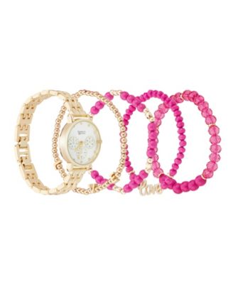 Women's Shiny Gold Metal Alloy Band Analog Watch 31mm with Stackable Bracelets Gift Set