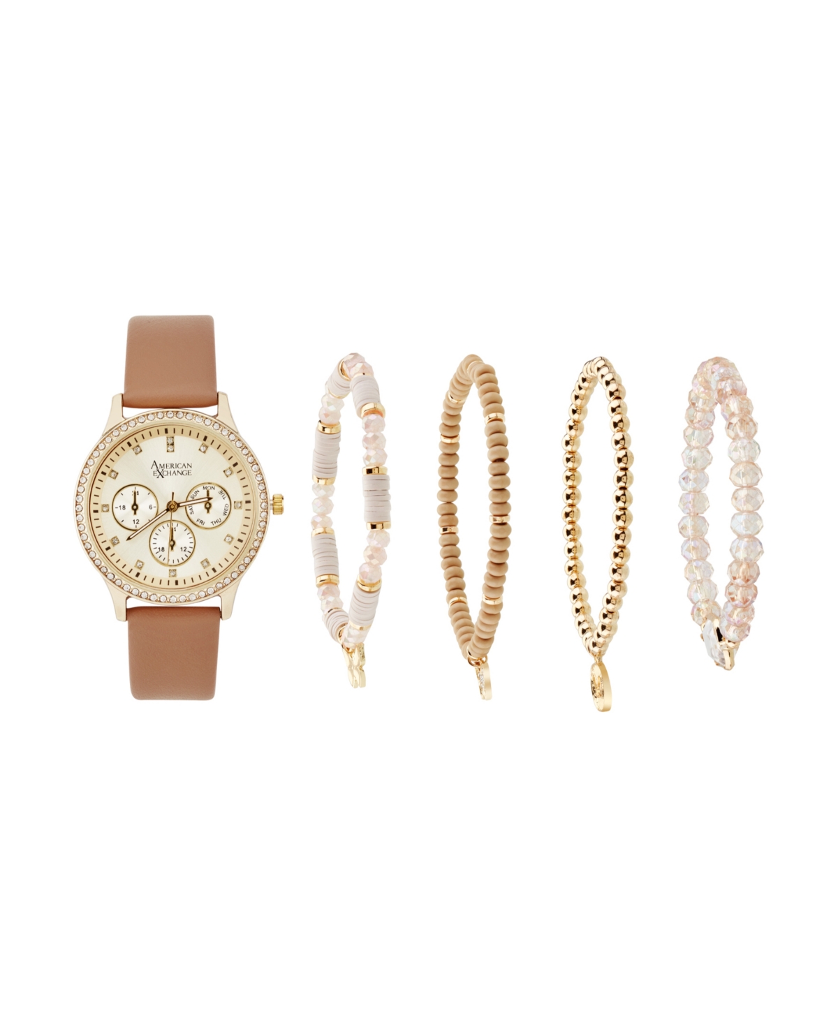 Women's Beige Polyurethane Leather Strap Analog Watch 38mm with Stackable Bracelets Gift Set - Beige