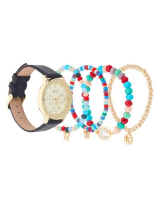 Women's Black Polyurethane Leather Strap Analog Watch 38mm with Stackable Bracelets Gift Set