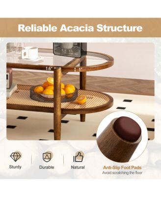 2-Tier Coffee Table Tempered Glass Top with PE Rattan Shelf & Acacia Wood Frame