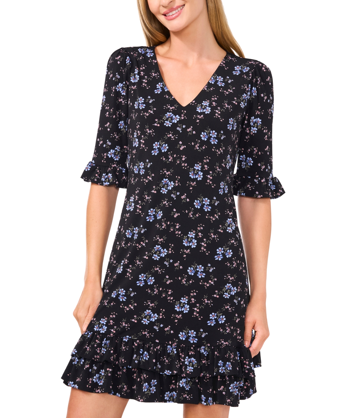 CeCe Women's V-Neck Ruffle-Trim Shift Dress