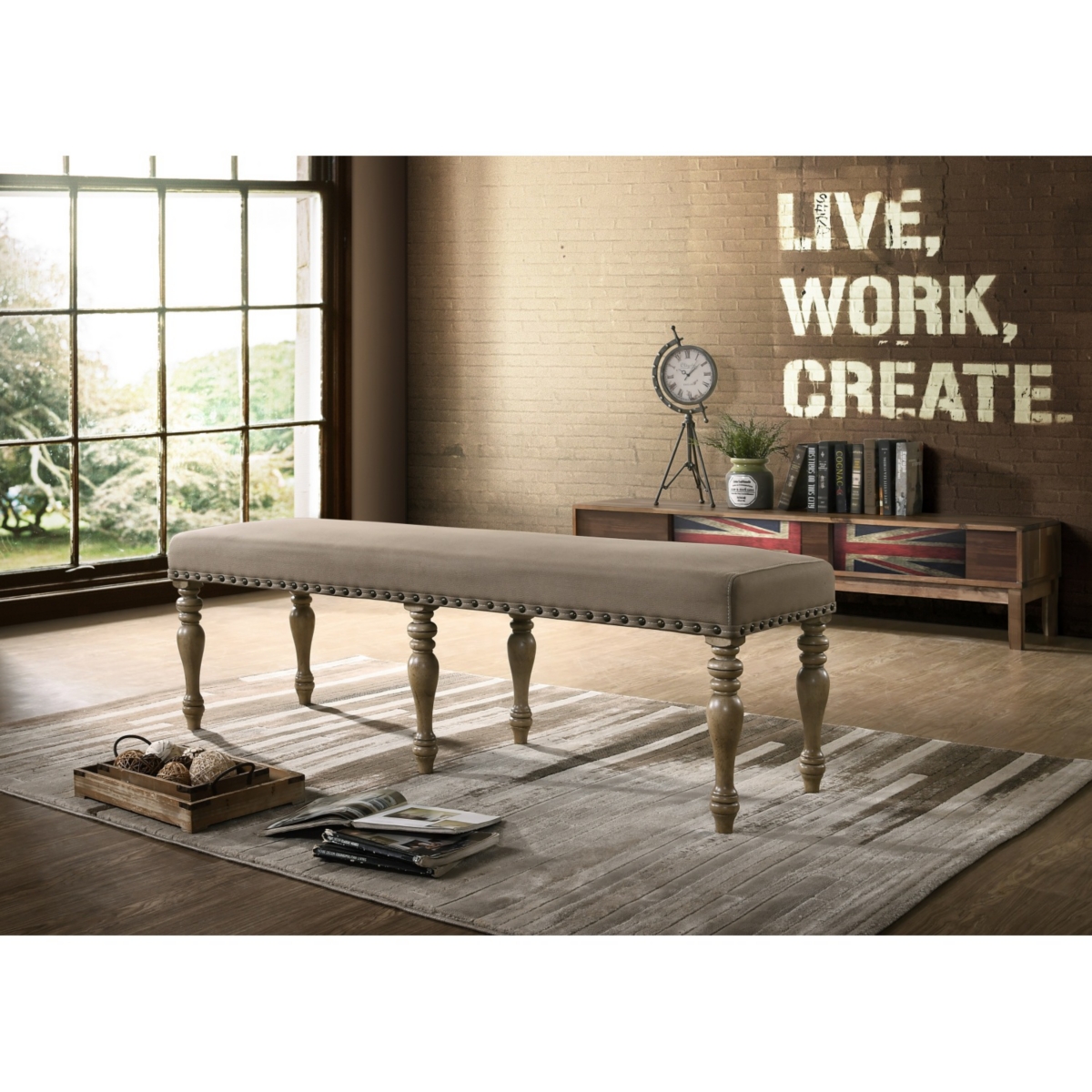 Simplie Fun Microfiber Upholstered Bench with Nail Head Trim in Driftwood Finish