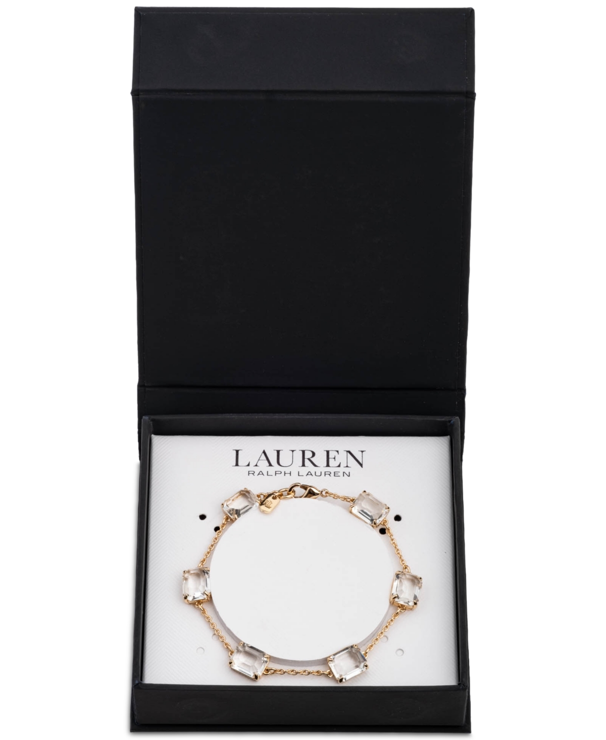 Ralph Lauren Gold-tone Square Stone & Fine Chain Link Bracelet In Crystal Wh