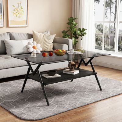 Streamdale Modern Glass Coffee Table with Black MDF Shelf