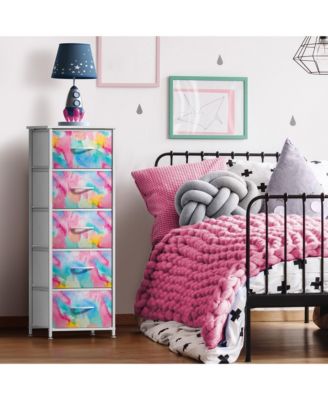 5-Pc Steel Frame Dresser with Wood Top & Fabric Bins – Narrow Storage Nightstand for Home & Office