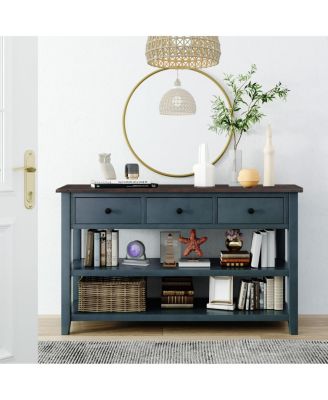 Pine Frame Console Table with Open Shelves, Retro Design