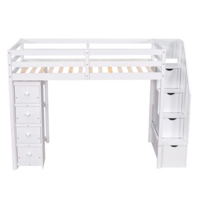 Twin Loft Bed with Drawers & Stairs, Shelves