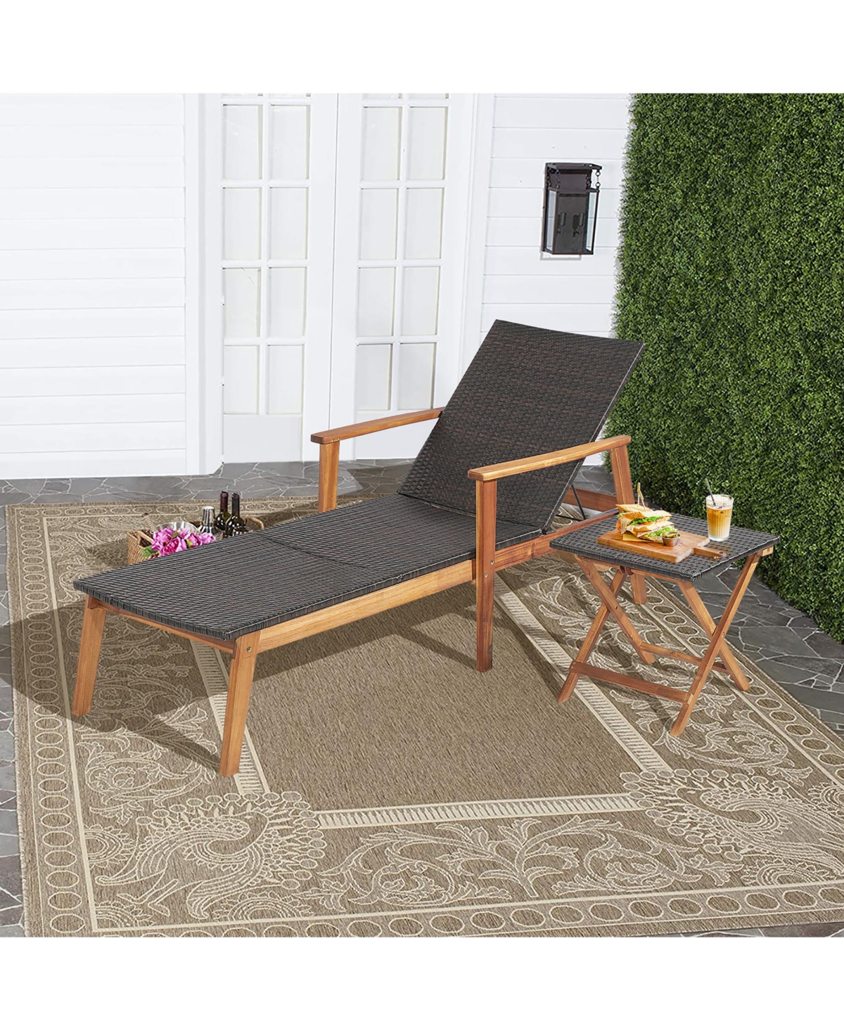 Gymax 2PCS Patio Lounge Chair Adjustable Recliner Chair Acacia Wood Frame Folding Table Set