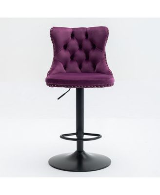 Swivel Velvet Barstools, Adjustable Height, Purple (Set of 2