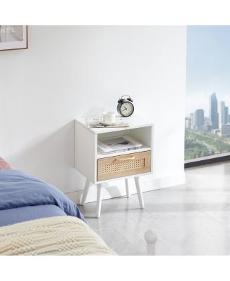 Rattan End Table with Drawer, Wood Legs