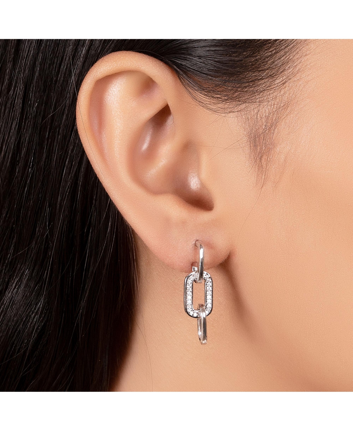 Bling Jewelry Geometric Vertical U Rectangle Micro Pave Cz 3 Chain Link Dangling Paperclip Earrings Of Women Sterling- Silver