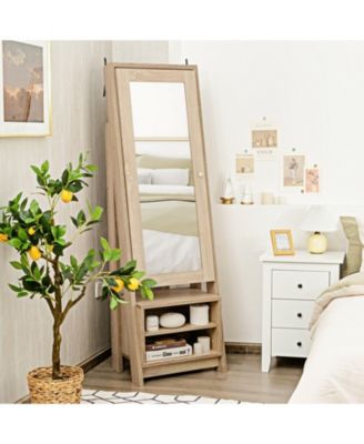 2-in-1 Wooden Cosmetics Storage Cabinet with Full-Length Mirror and Bottom Rack