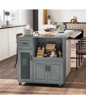 Rolling Kitchen Island with Wheels Drawer and Glass Door Cabinet