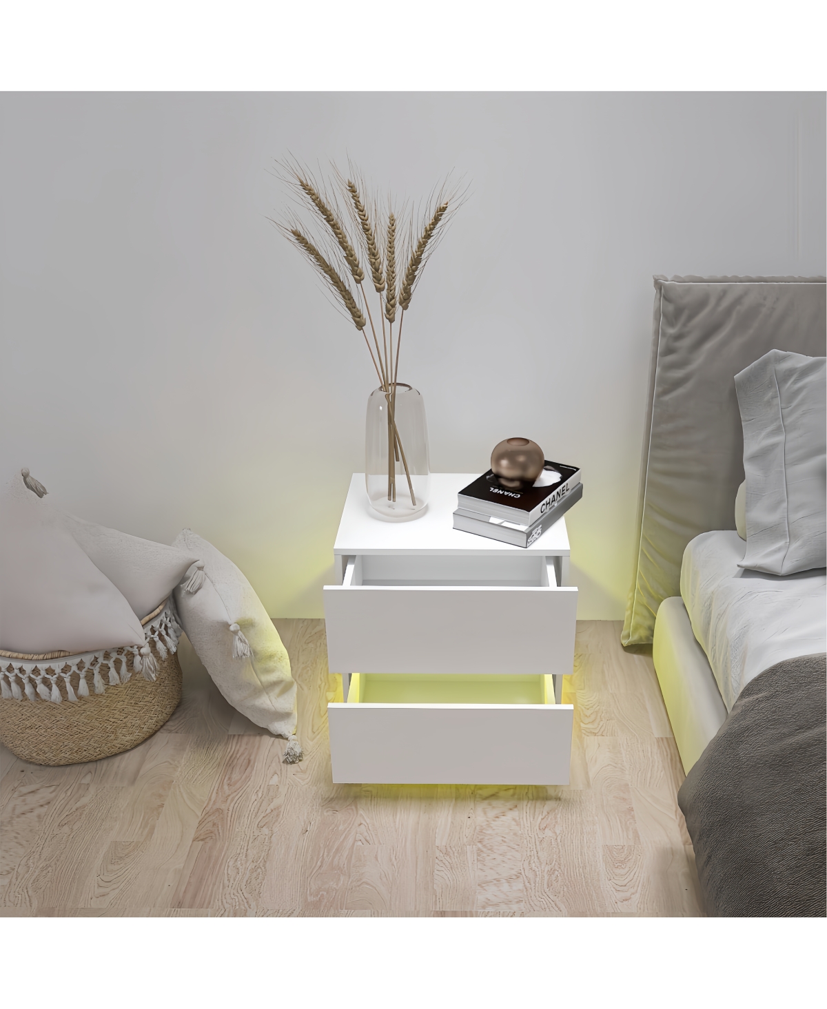 Streamdale FurnitureColor High Glossy 2 Drawers Bedside Table With Rgb Led Light Nightstand With Bluetooth Control - White