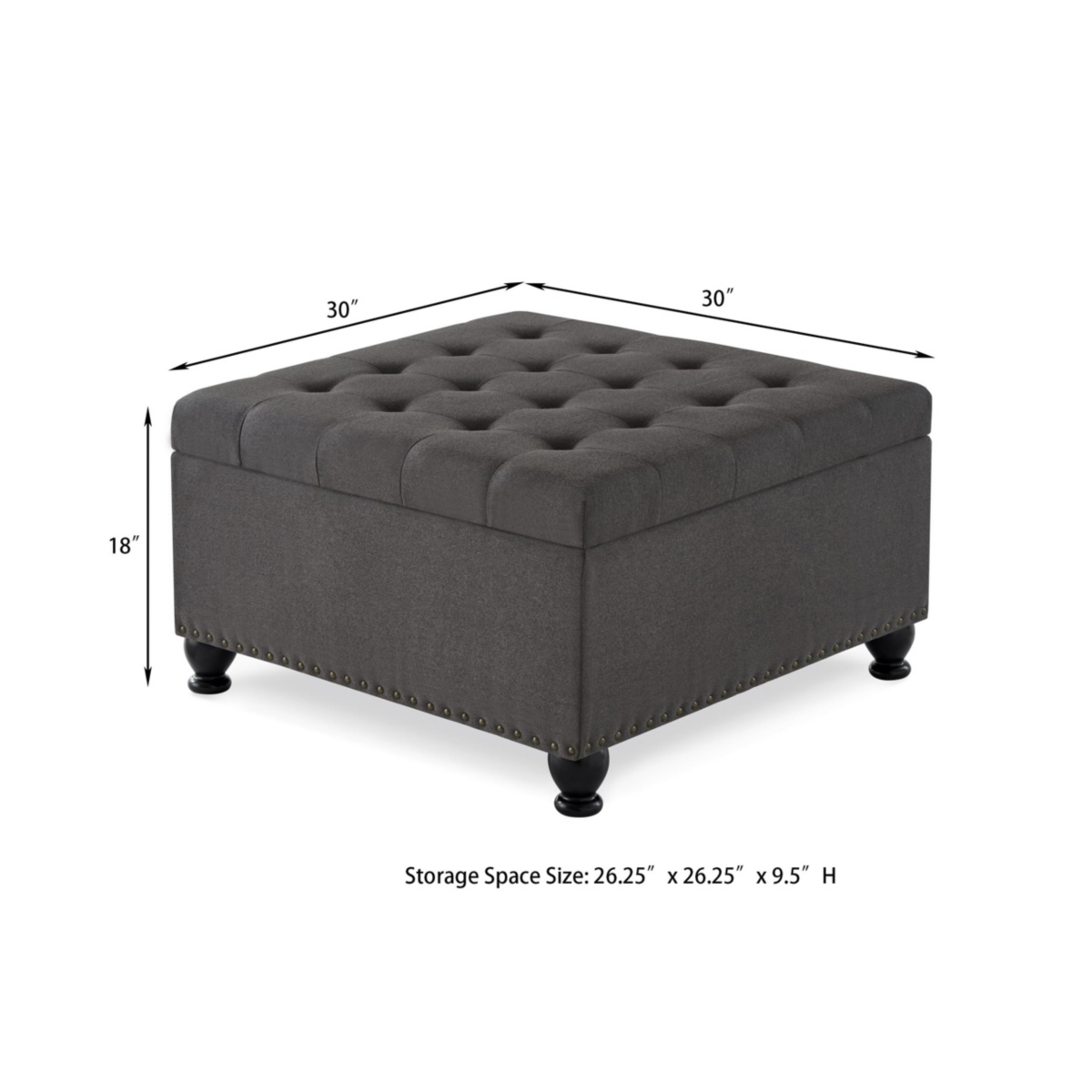 Streamdale Furniture Dark Grey Square Ottoman with Storage, Button Tufted & Nail Trim for Living Room