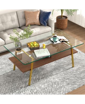 Transparent Glass Coffee Table, Gold Metal Legs