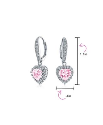 4CT CZ Pink Halo Heart Shaped Cubic Zirconia Dangle Lever back Earrings Invisible Cut Rhodium Plated