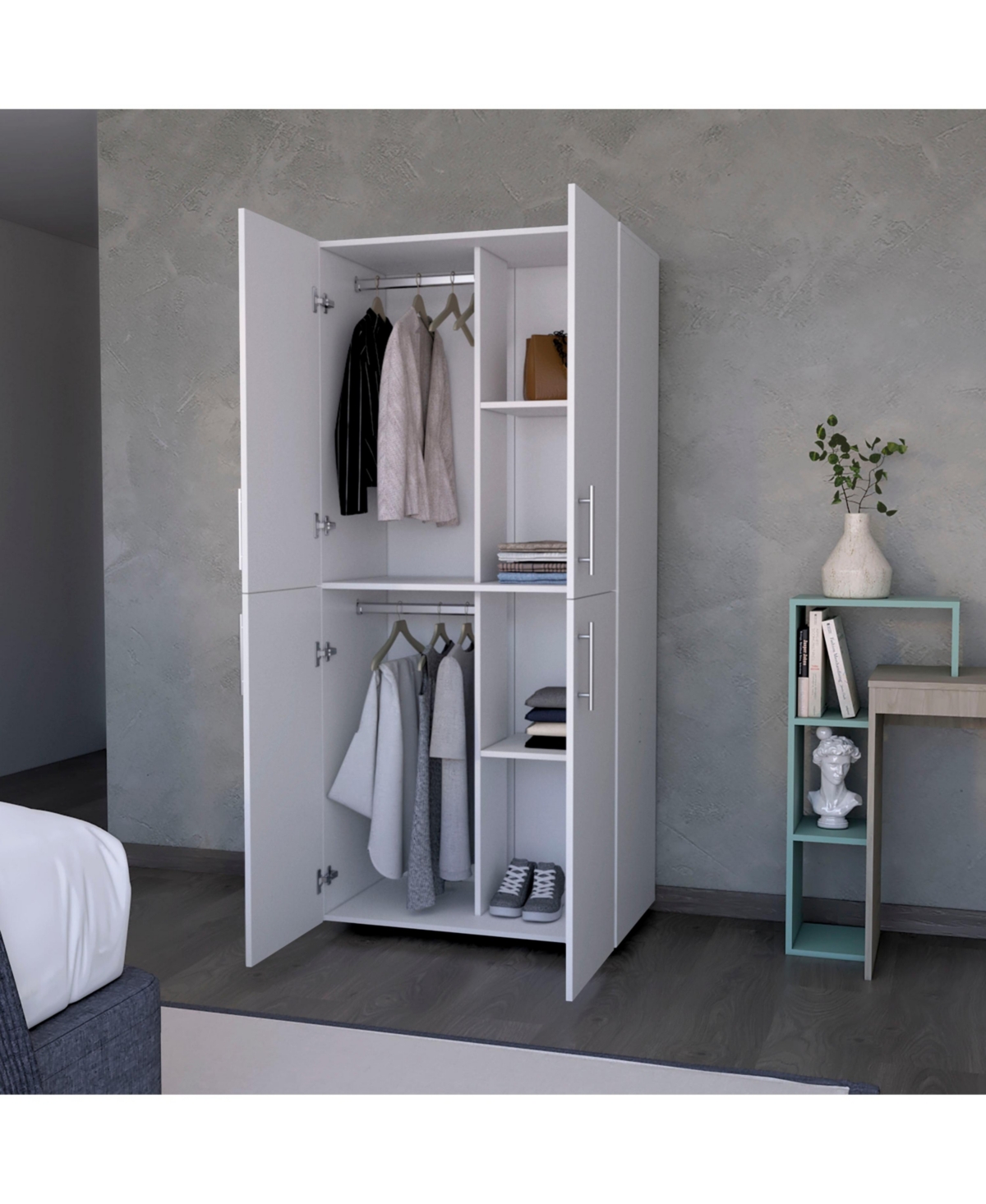Fm Furniture Hazel Armoire in melamine with 2 doors , 4 shelves and 2 clothes hanging bar