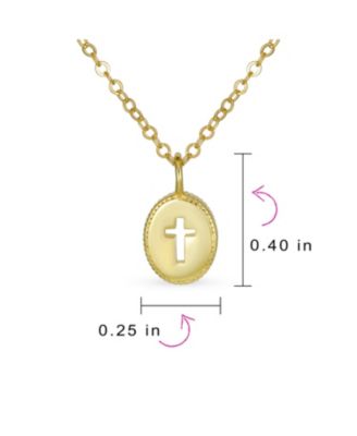Tiny Petite Religious Mini Medallion Oval Cross Necklace Pendant Gold Plated Sterling Silver Milgrain Edge With Chain