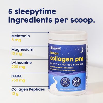 Collagen PM - Lemon Nighttime Collagen Peptides Powder with Magnesium, GABA, L-Theanine and Melatonin - 20 Servings