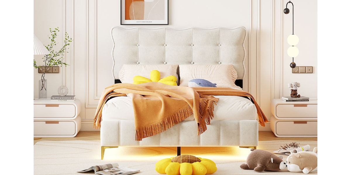 Streamdale Furniture Size Velvet Platform Bed With Led Frame And Stylish Mental Bed Legs, Gray