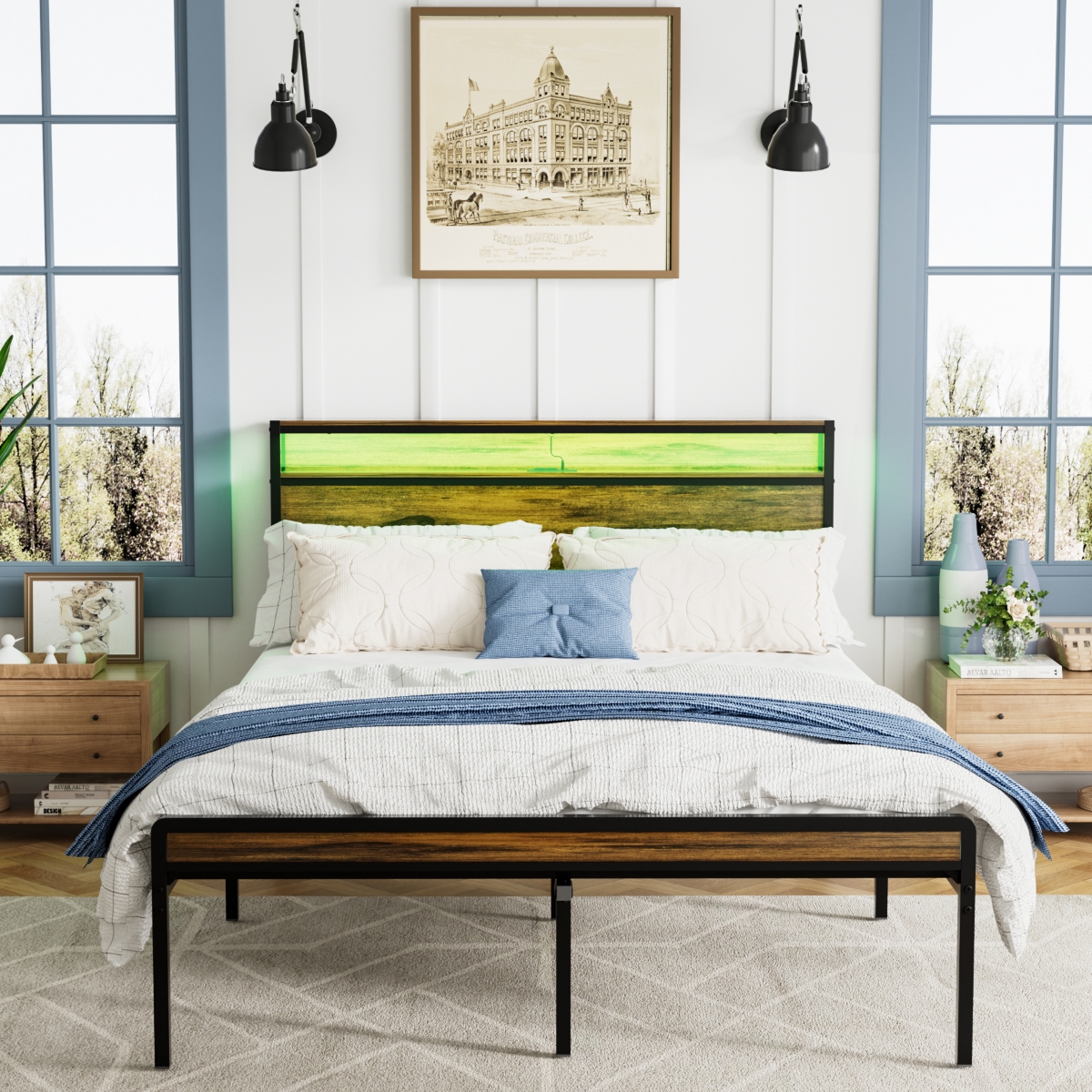 Streamdale Furniture Size Bed Frame, Storage Headboard with Led Light, Charging Station, Solid and Stable, Noise Free, No Box Spring Needed, Eas