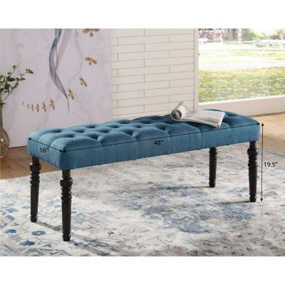 Fabric Tufted Turned Leg Dining Bench, Blue