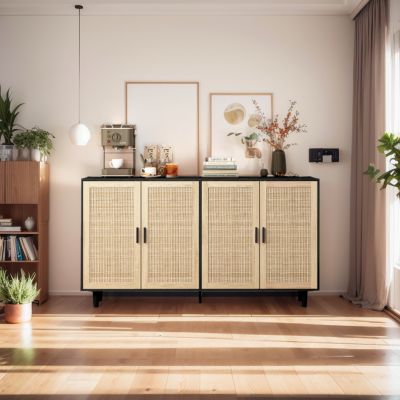 Particle Board Storage Cabinet with Rattan Doors and Ample Space