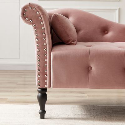 Streamdale 60" Velvet Chaise Lounge with Buttons, Nailhead Trim, and Pillow
